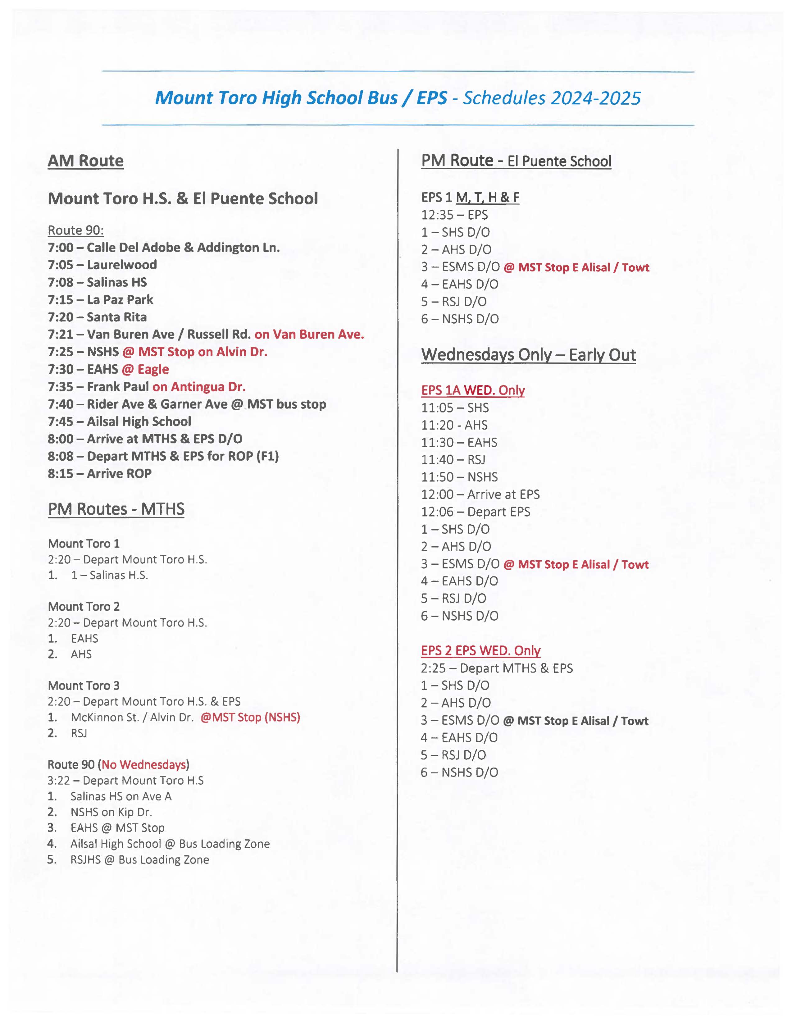 MTHS Bus Schedule